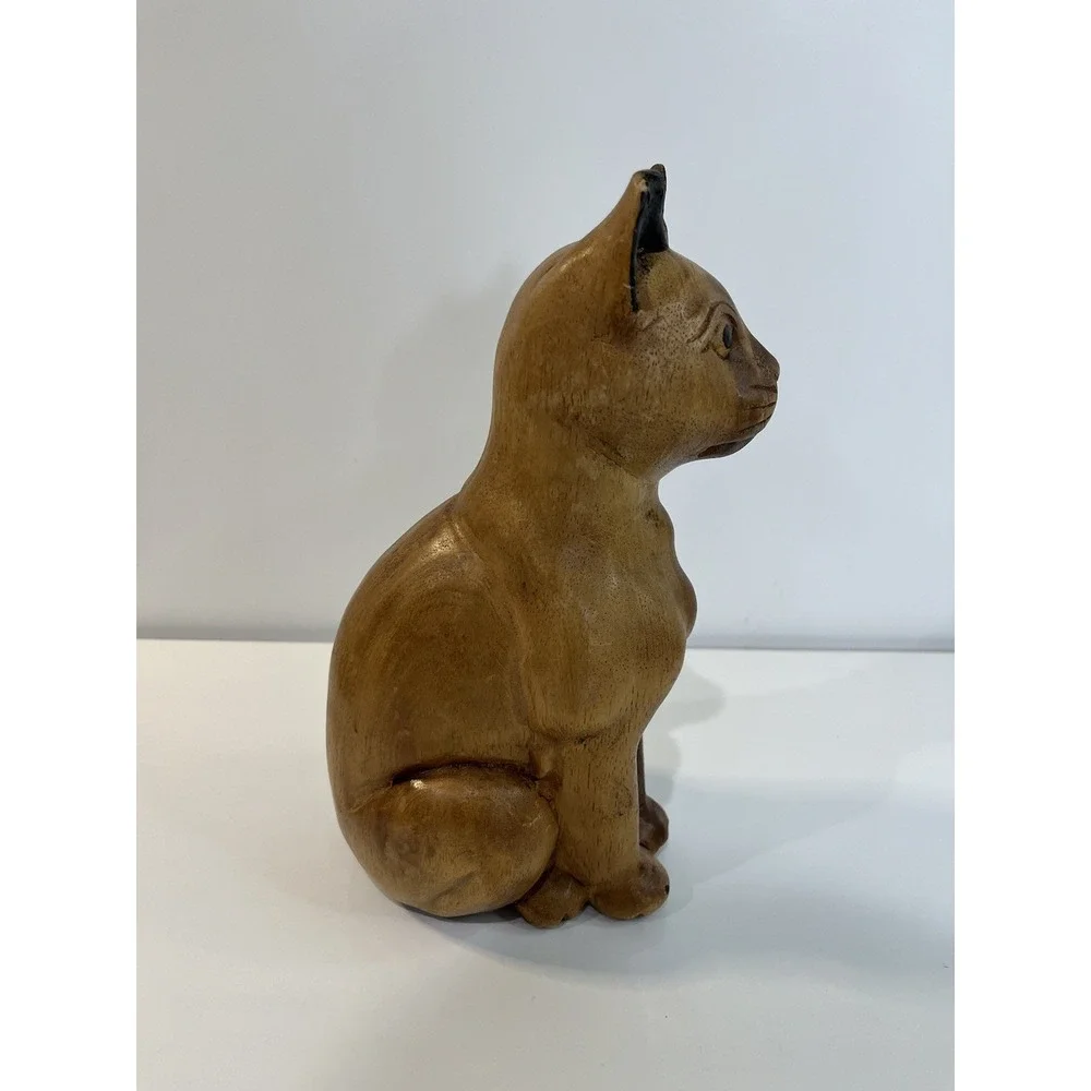Vtg MCM Hand Carved Wood Cat Figure Kitten Statue Thailand Collector Decor‎ 10